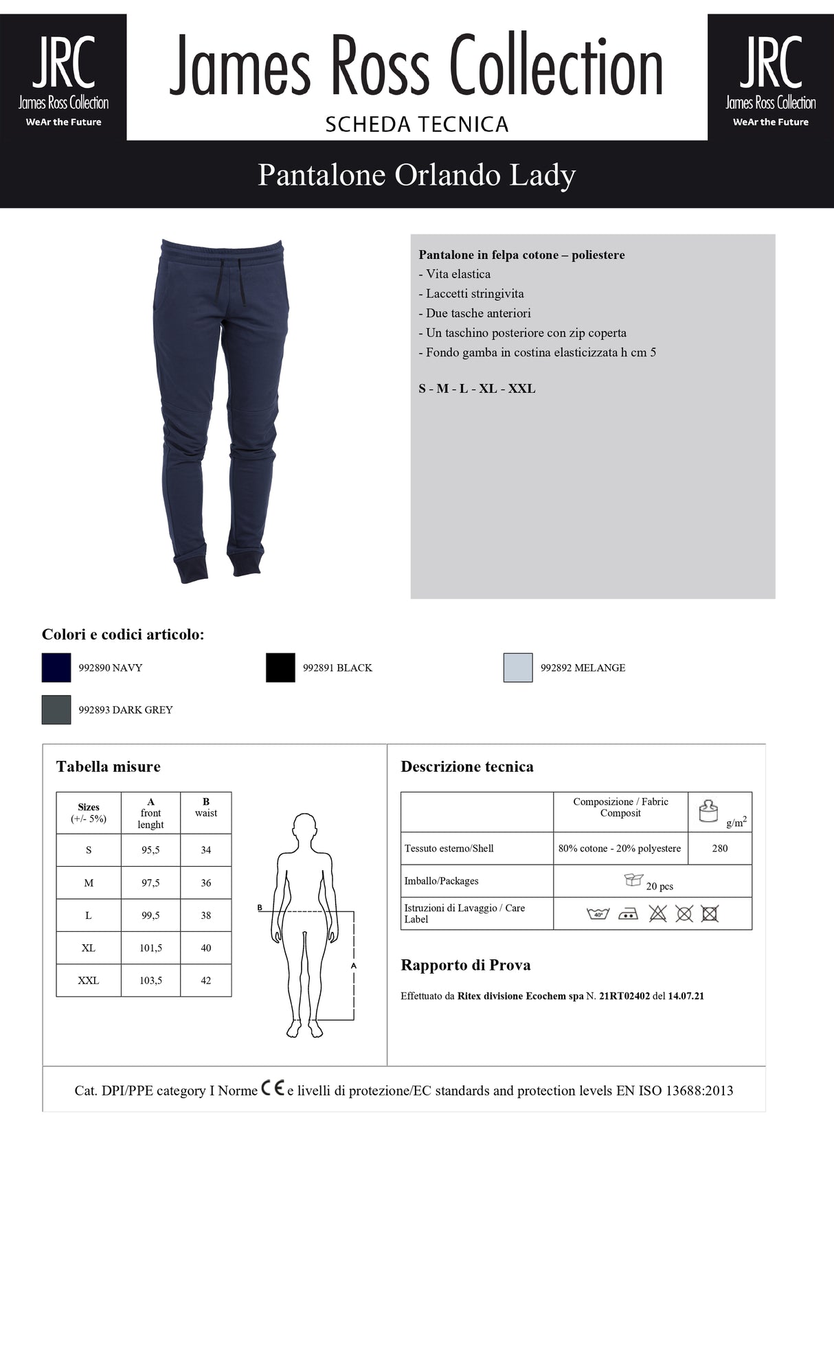 PANTALONE TUTA FELPATO JRC ORLANDO LADY DONNA