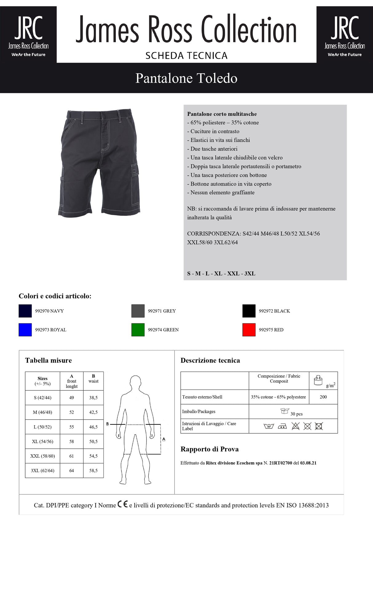PANTALONE DA LAVORO MULTITASCHE JRC TOLEDO UOMO