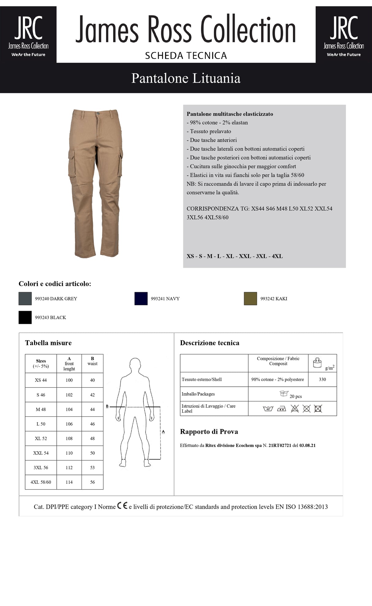 PANTALONE MULTITASCHE ELASTICIZZATO JRC LITUANIA UOMO