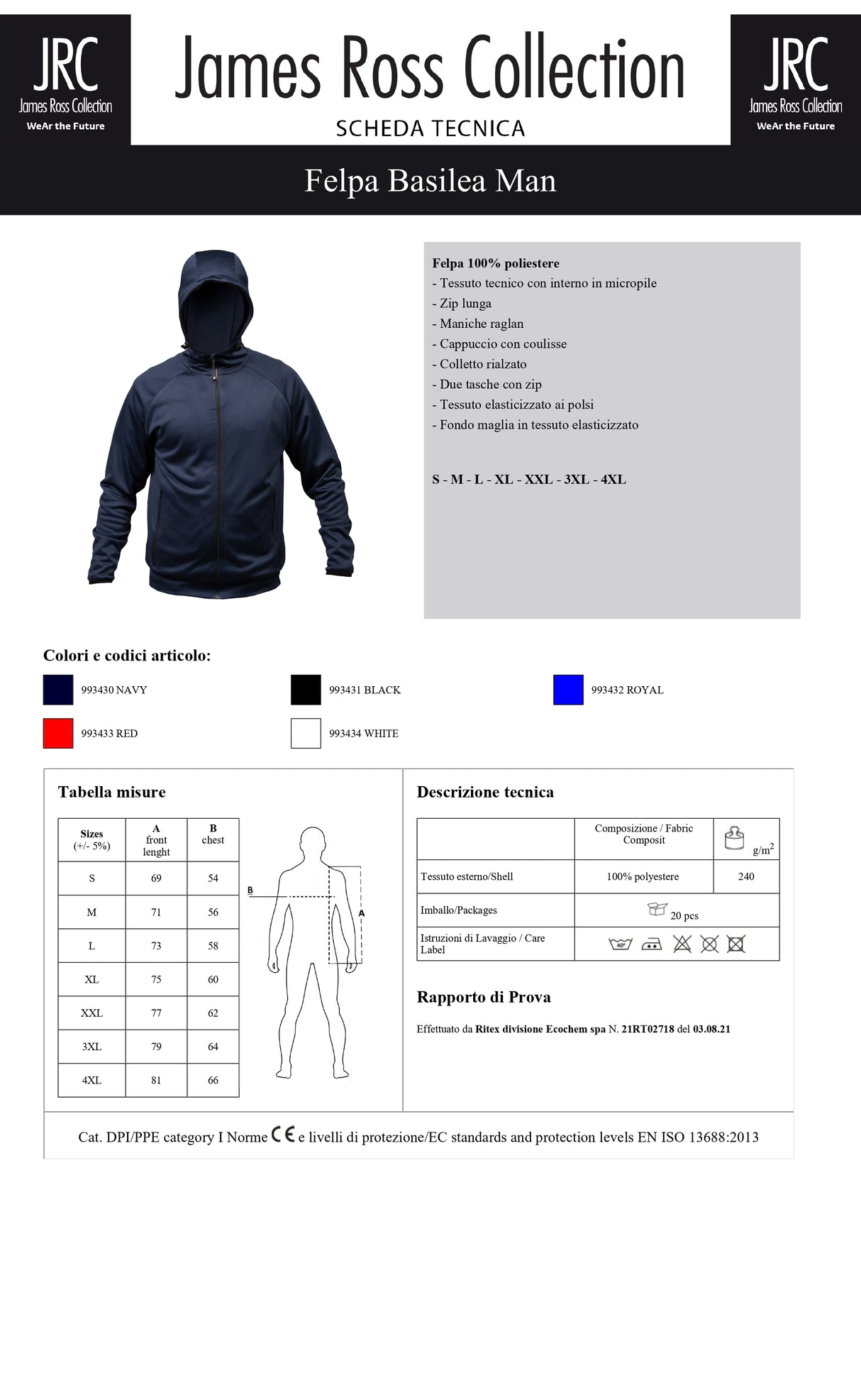 FELPA CON CAPPUCCIO E ZIP JRC BASILEA MAN UOMO