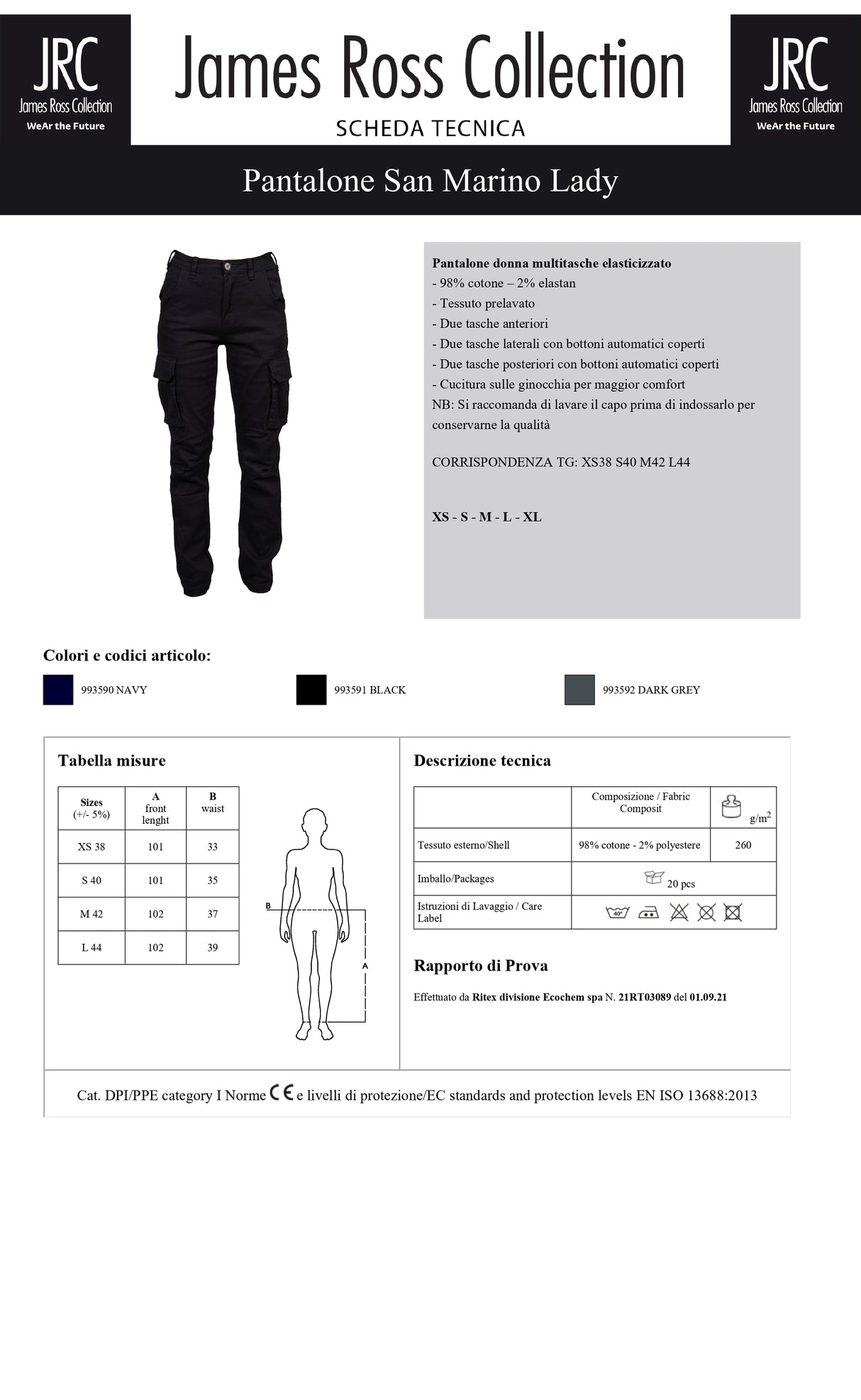 PANTALONE MULTITASCHE ELASTICIZZATO JRC SAN MARINO LADY DONNA
