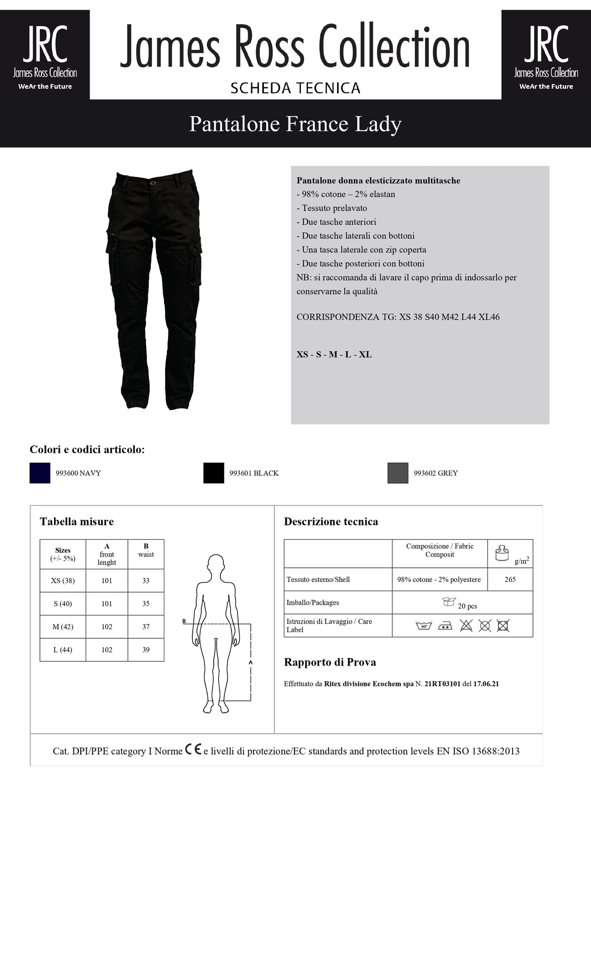 PANTALONE DA LAVORO MULTITASCHE JRC FRANCE LADY DONNA