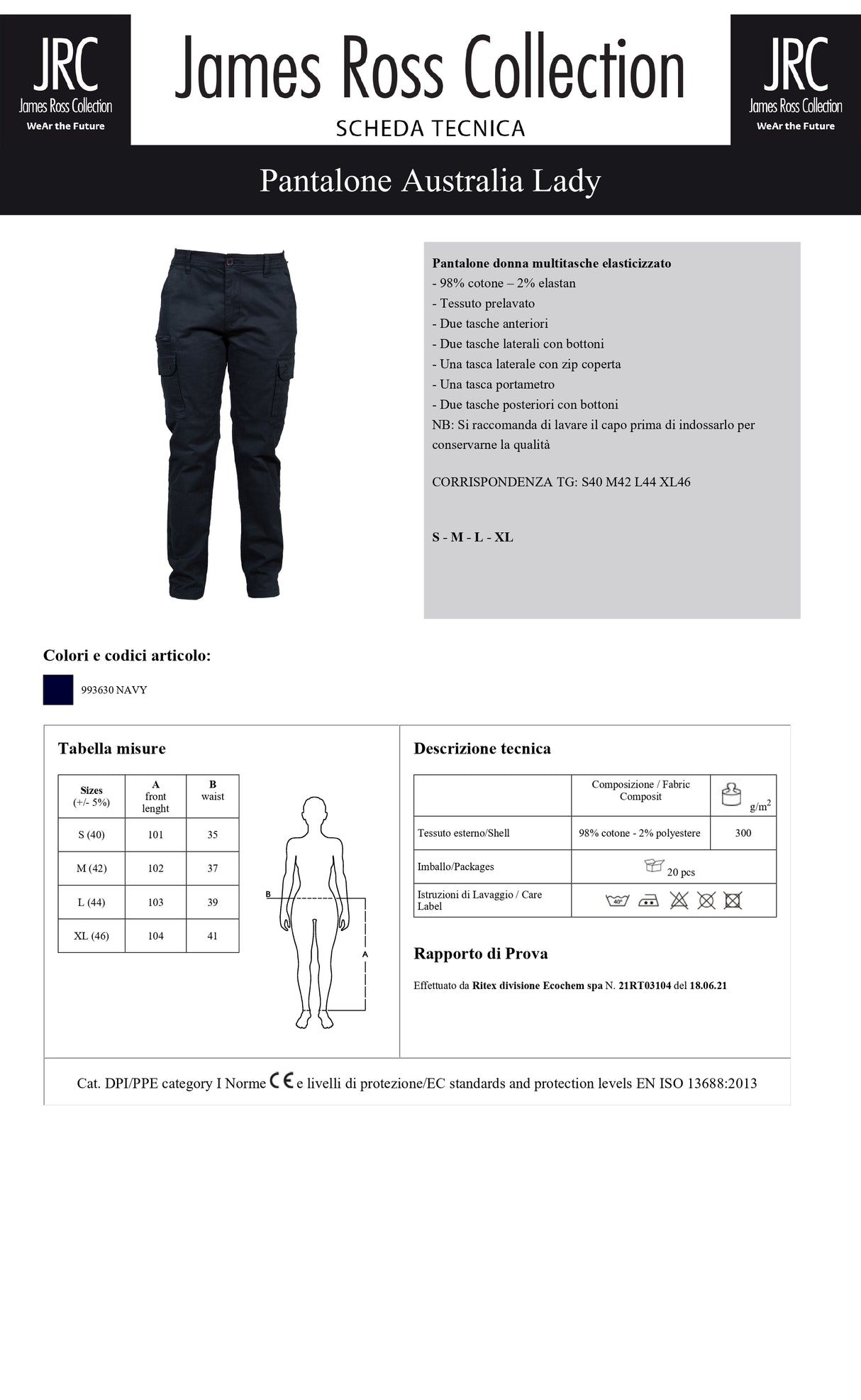 PANTALONE DA LAVORO MULTITASCHE JRC AUSTRALIA LADY DONNA