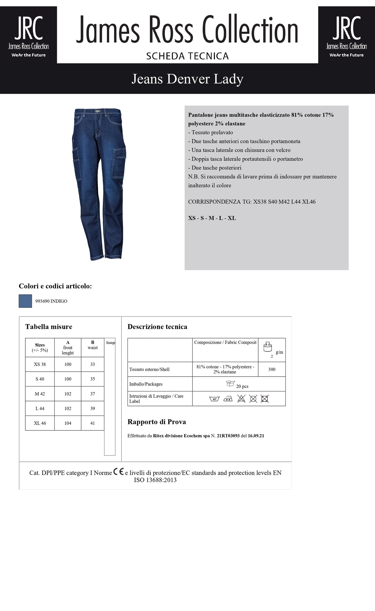 PANTALONE DA LAVORO ELASTICIZZATO JRC DENVER LADY DONNA