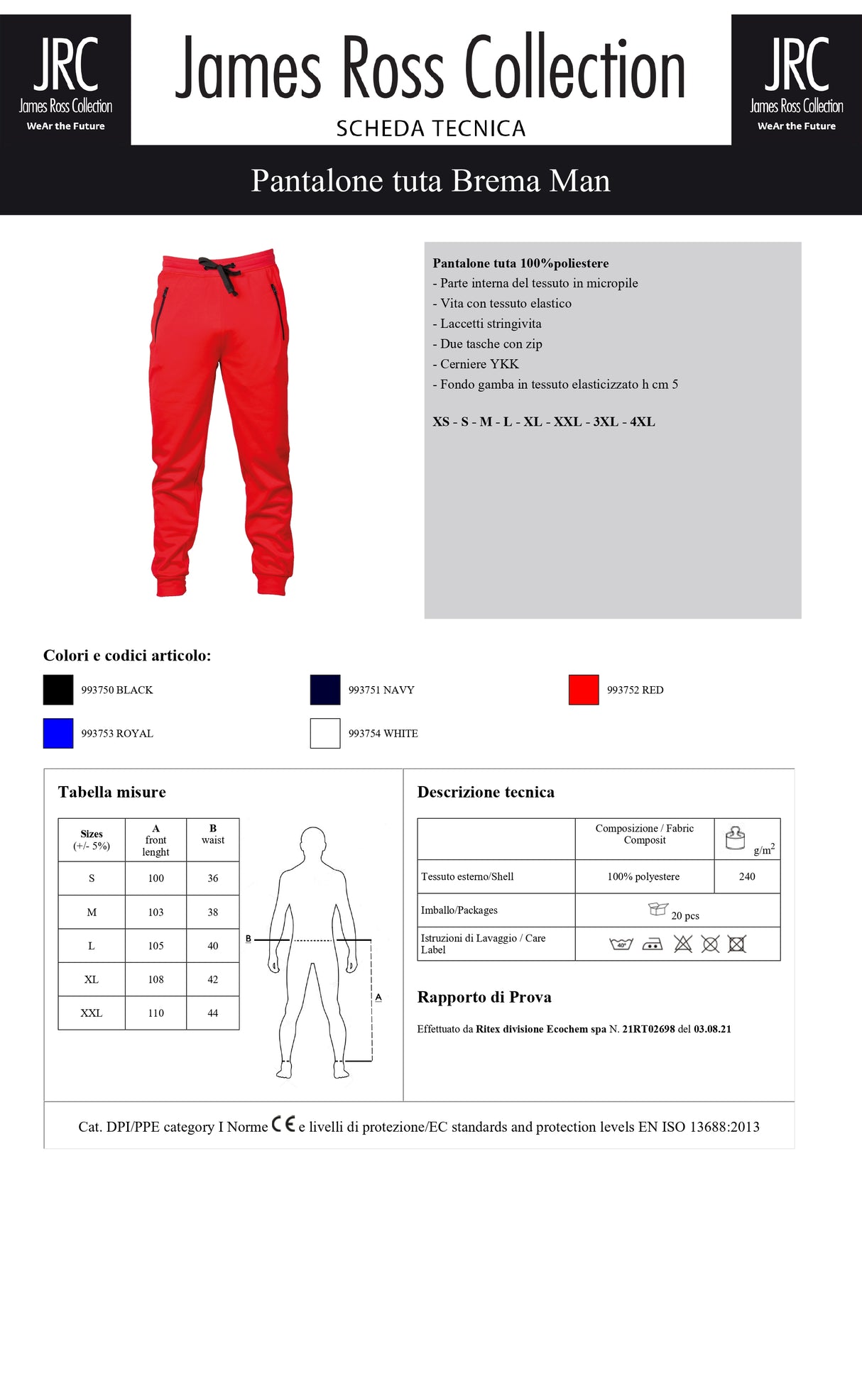 PANTALONE TUTA JRC BREMA MAN UOMO