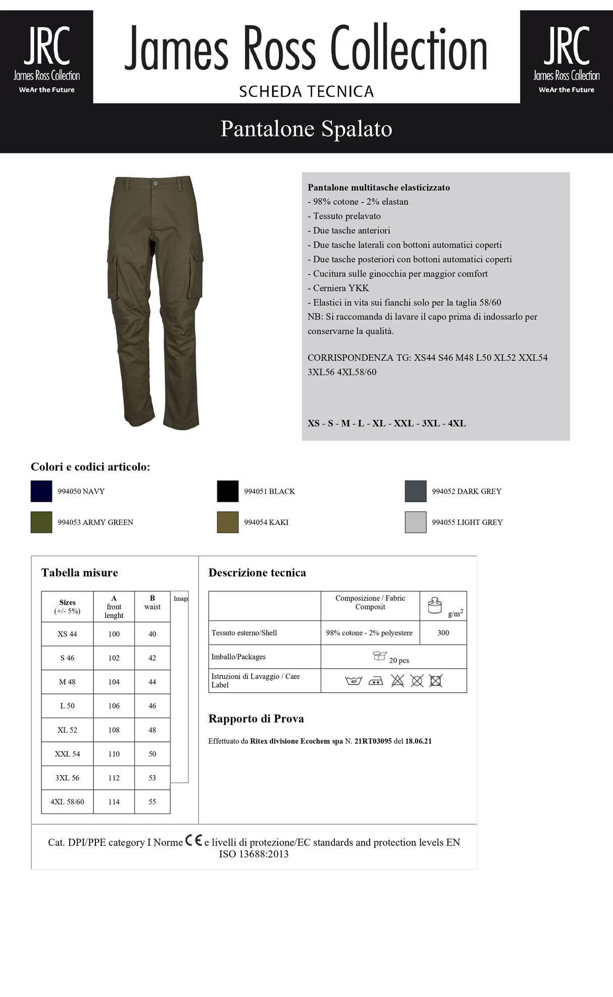 PANTALONE MULTITASCHE ELASTICIZZATO JRC SPALATO UOMO