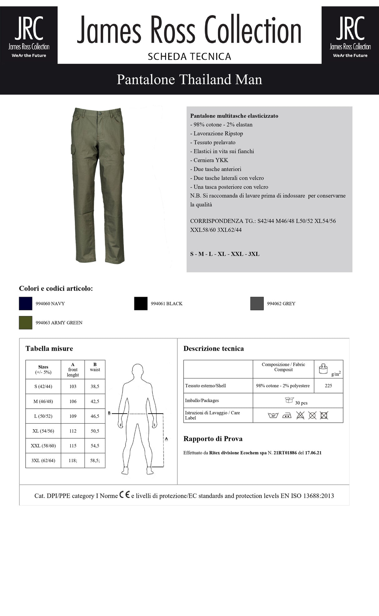 PANTALONE MULTITASCHE ELASTICIZZATO JRC THAILAND MAN UOMO