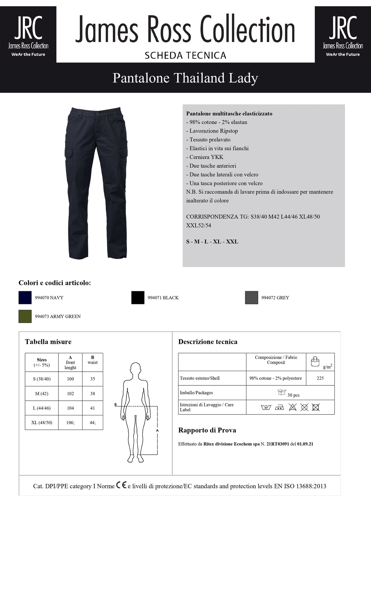 PANTALONE MULTITASCHE ELASTICIZZATO JRC THAILAND LADY DONNA