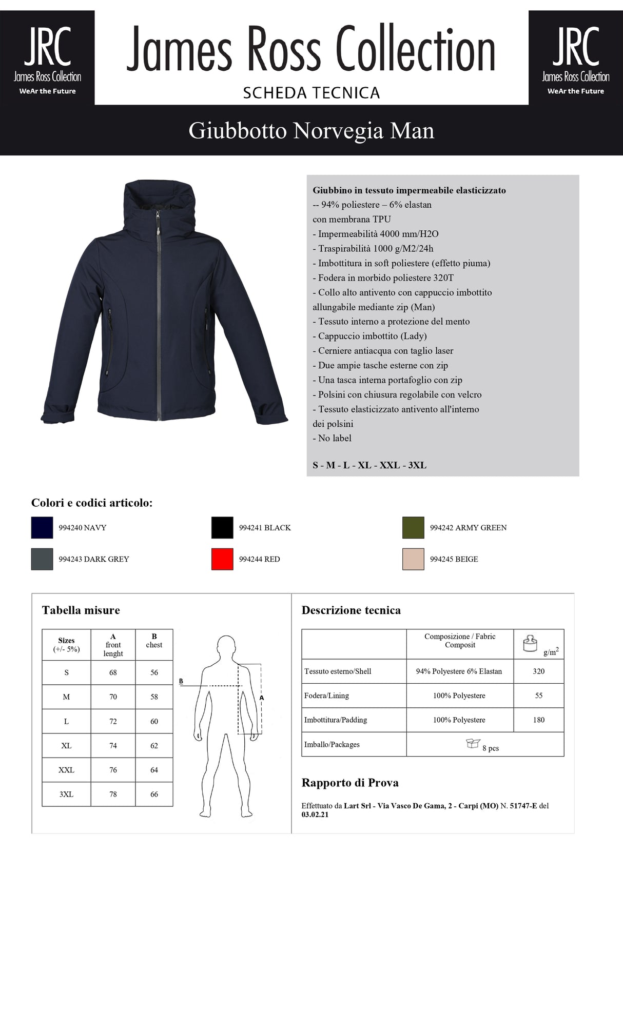 GIACCA IMBOTTITA IMPERMEABILE JRC NORVEGIA MAN UOMO