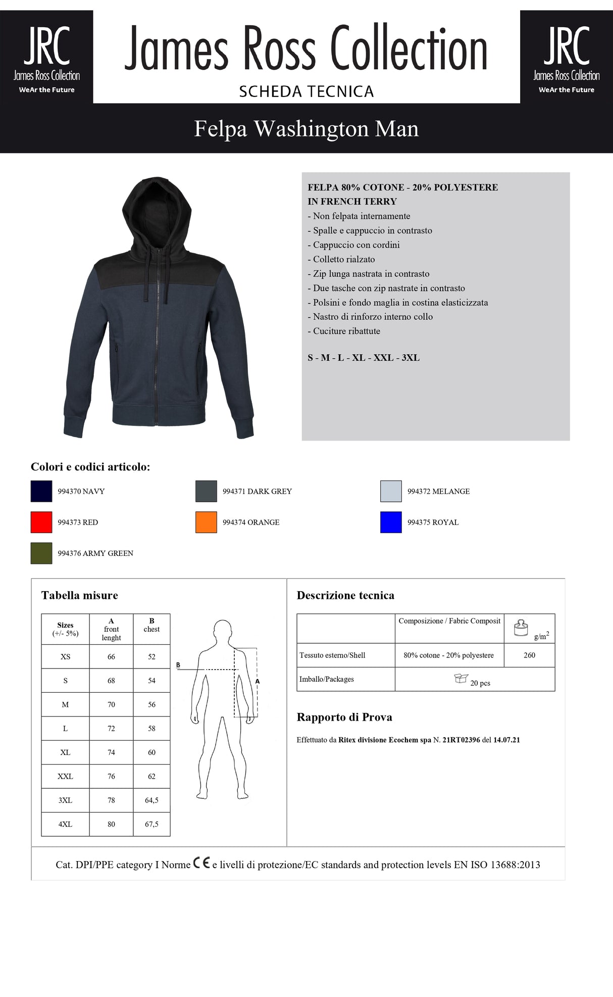 FELPA CON CAPPUCCIO E ZIP JRC WASHINGTON MAN UOMO