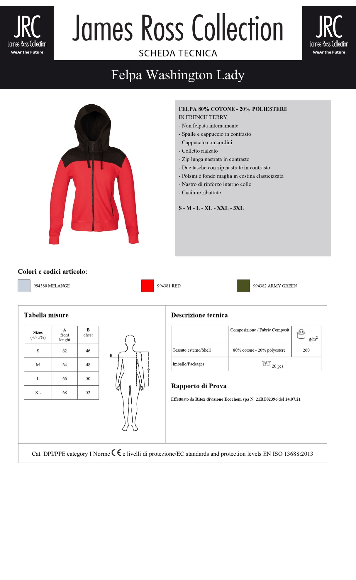 FELPA CON CAPPUCCIO E ZIP JRC WASHINGTON LADY DONNA