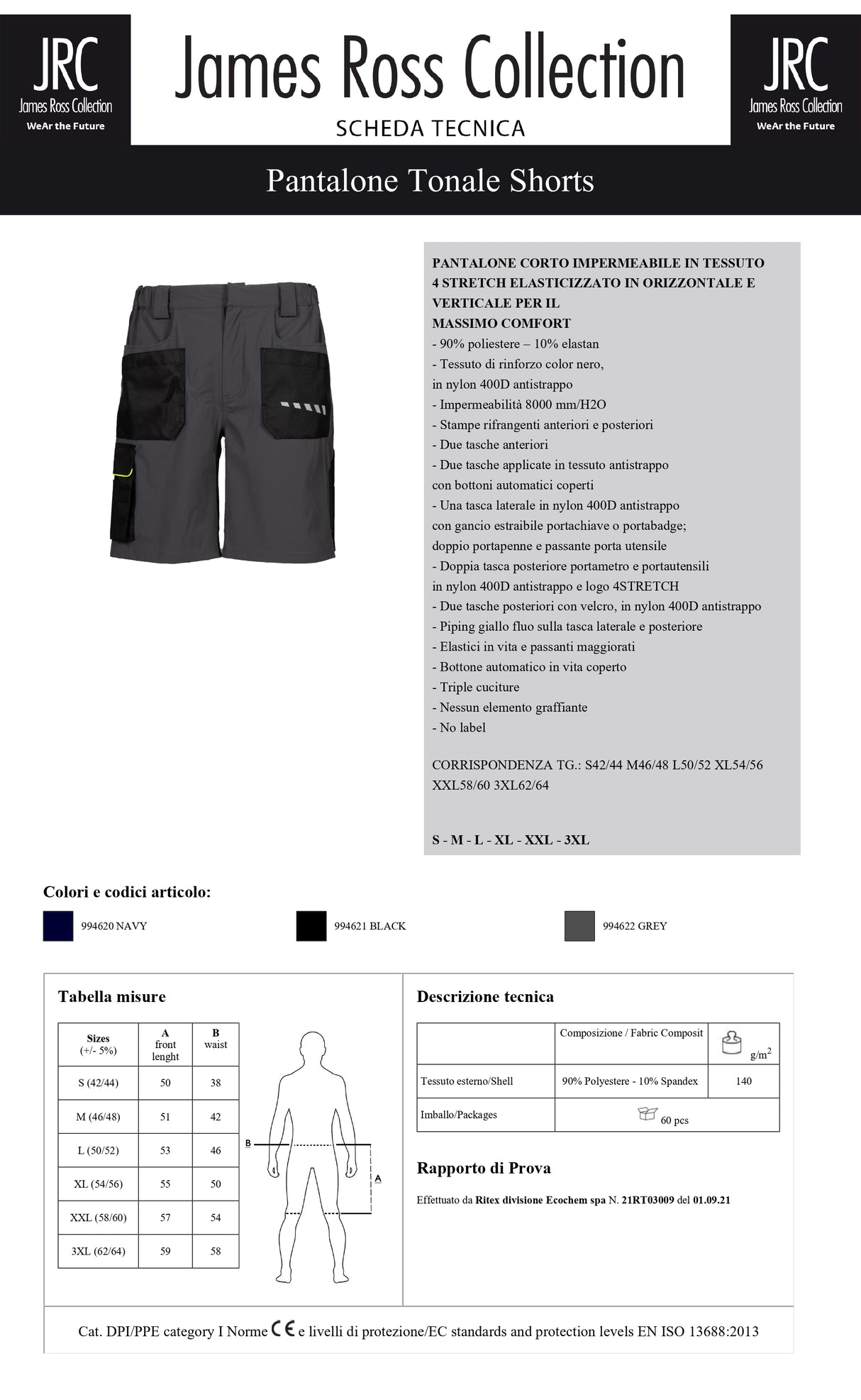 PANTALONE DA LAVORO MULTITASCHE IMPERMEABILE JRC TONALE SHORTS UOMO