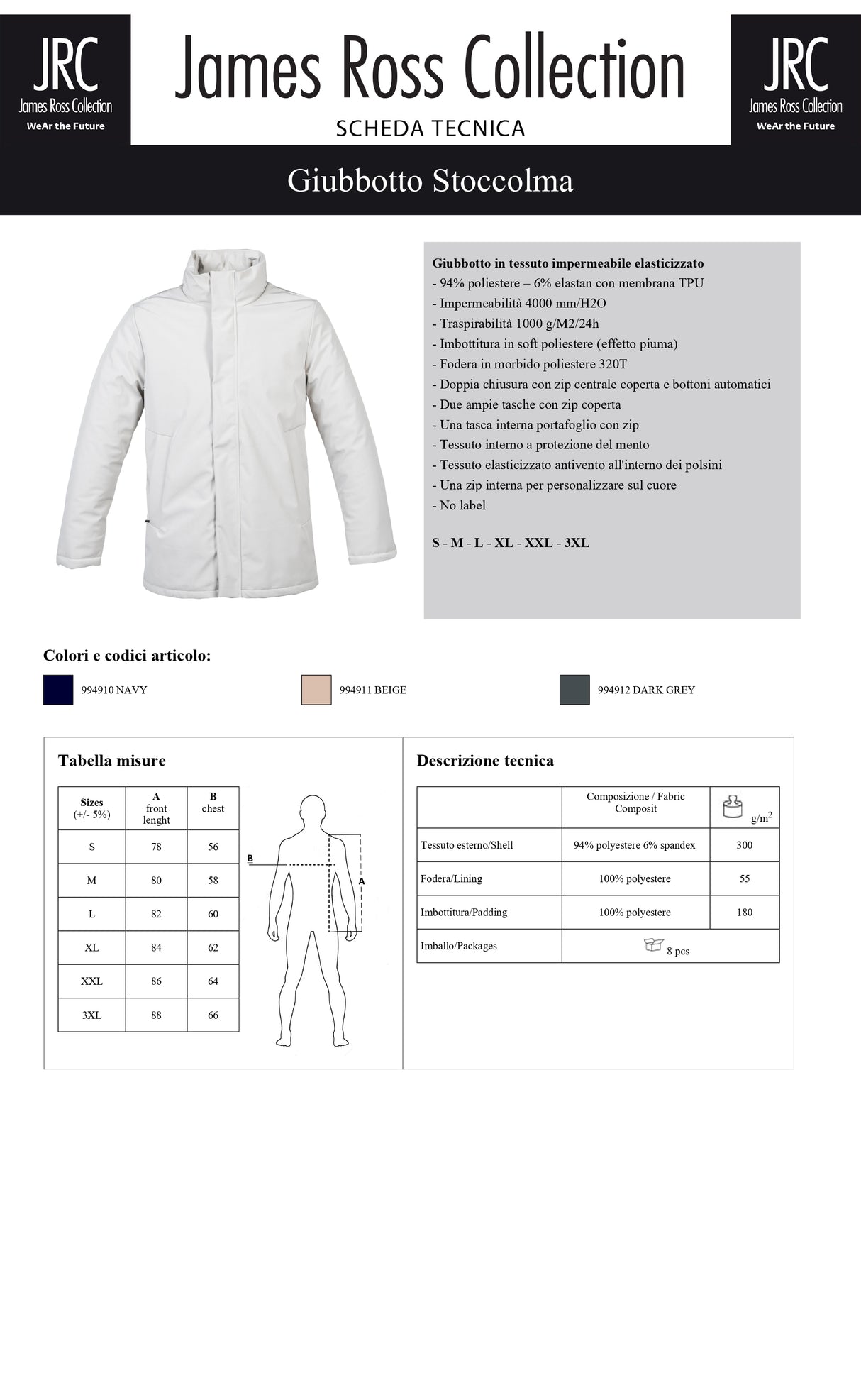 GIACCA IMPERMEABILE ELASTICIZZATO JRC STOCCOLMA UOMO