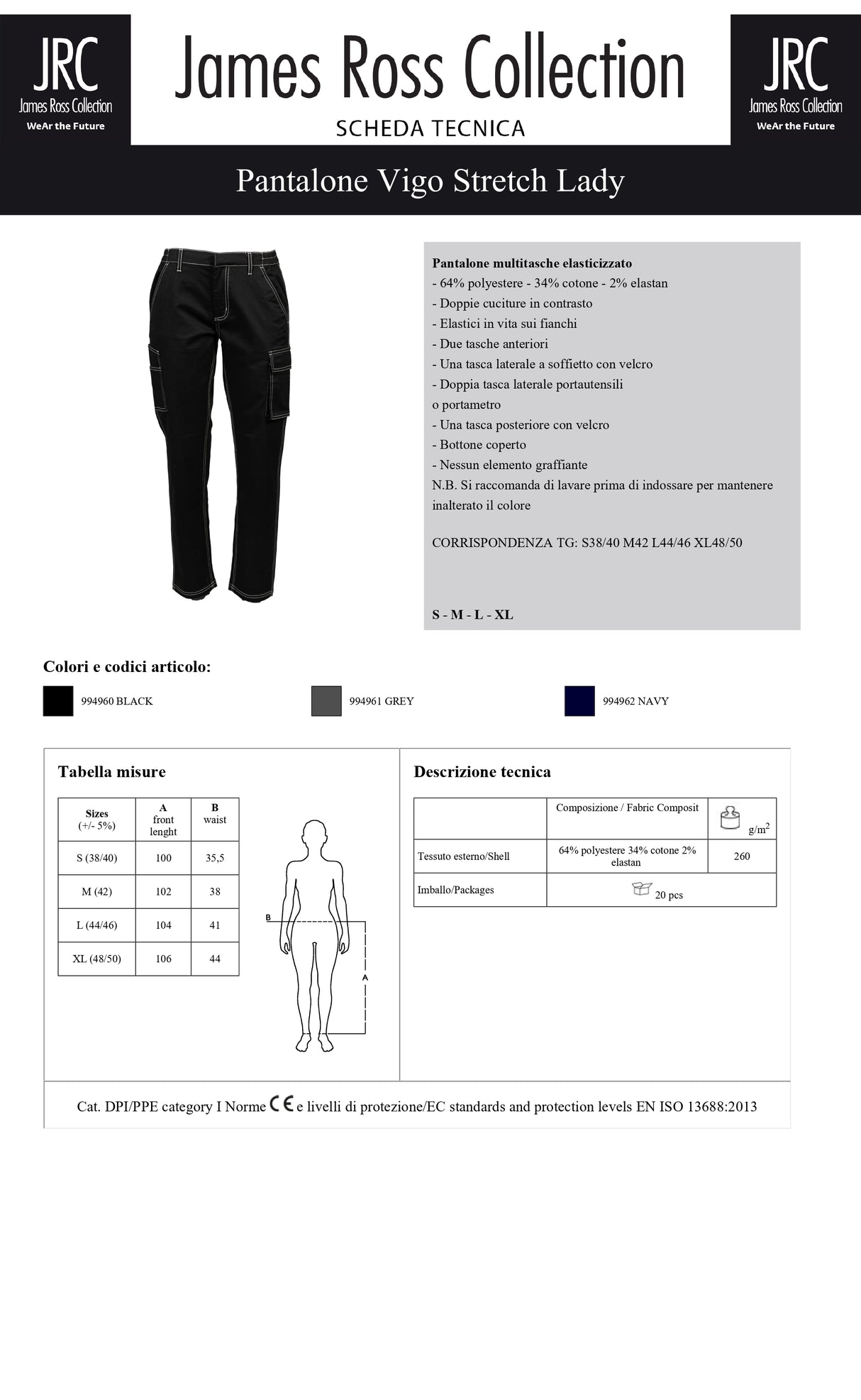 PANTALONE DA LAVORO ELASTICIZZATO JRC VIGO STRETCH LADY DONNA