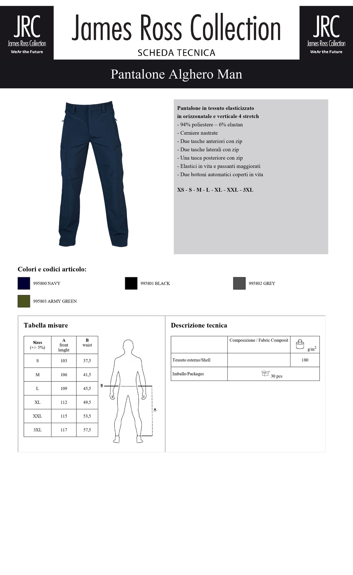 PANTALONE ELASTICIZZATO JRC ALGHERO MAN UOMO