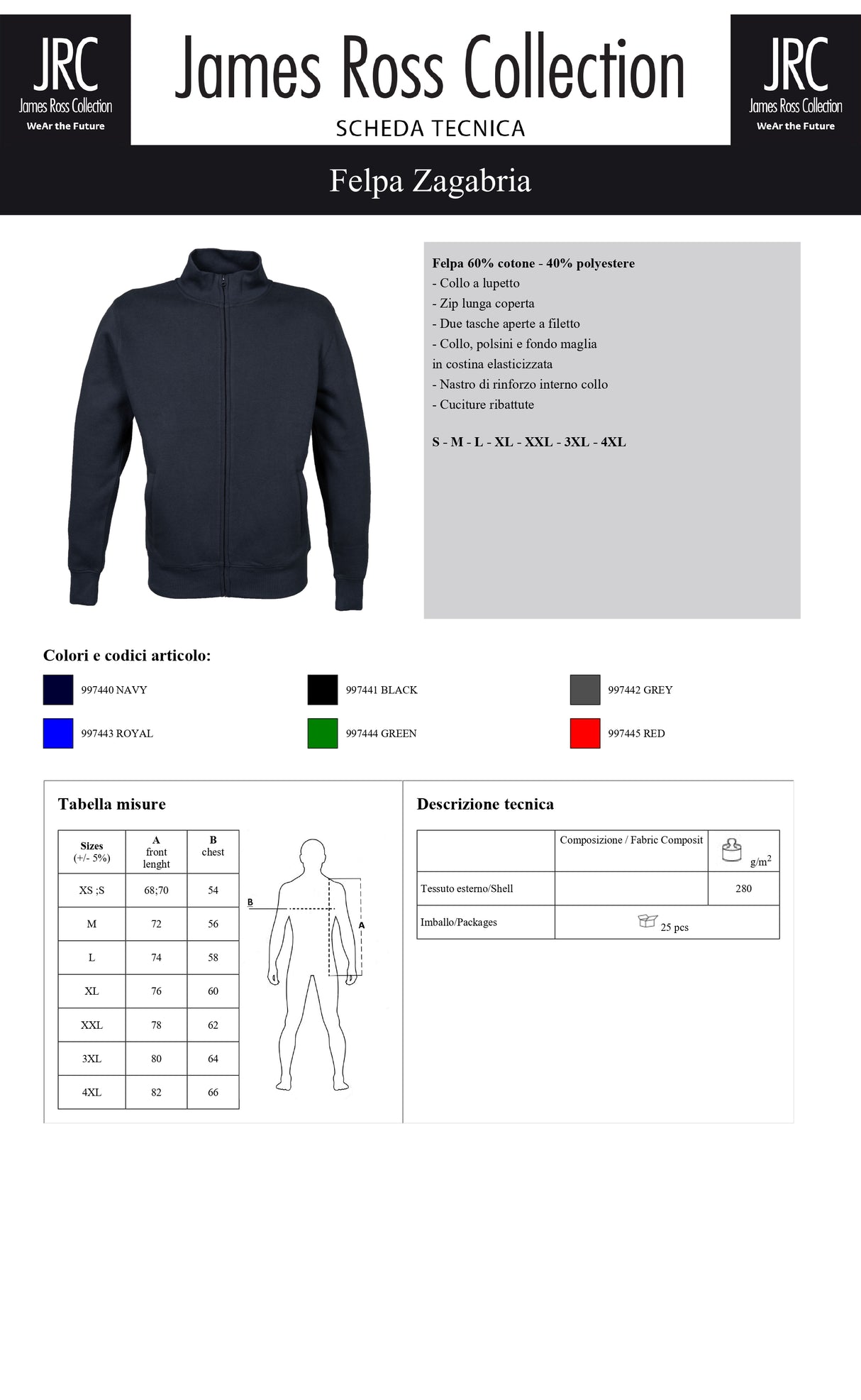 FELPA CON ZIP JRC ZAGABRIA UOMO
