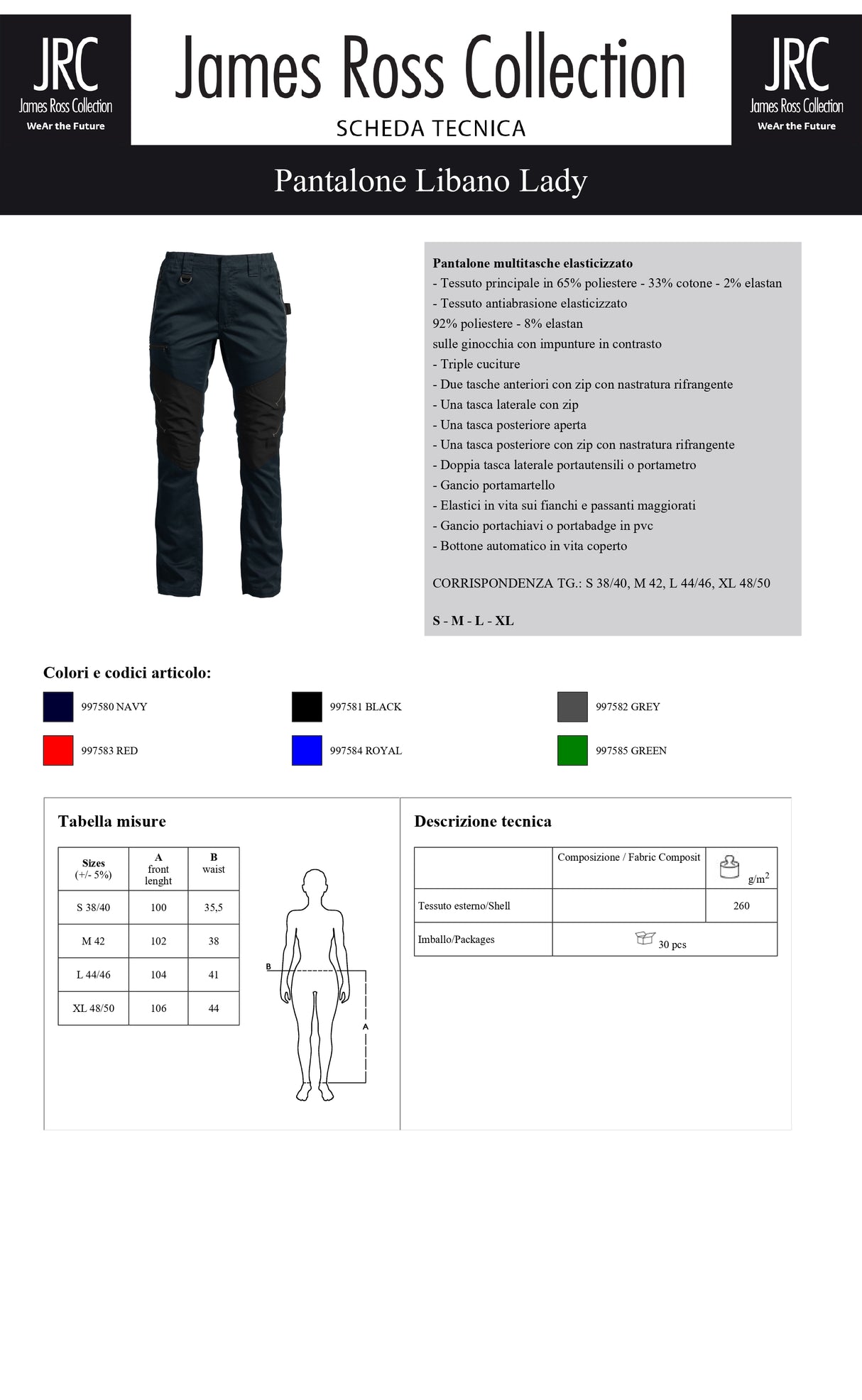 PANTALONE DA LAVORO MULTITASCHE ELASTICIZZATO JRC LIBANO LADY DONNA