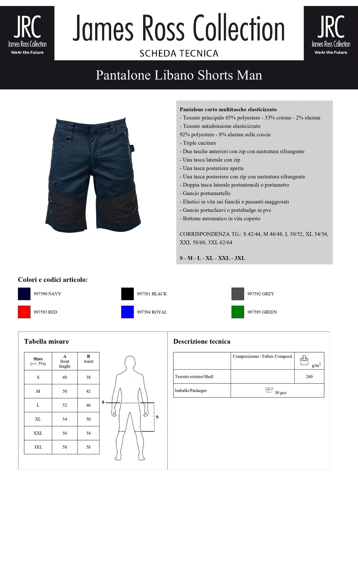PANTALONE DA LAVORO MULTITASCHE ELASTICIZZATO JRC LIBANO SHORTS UOMO