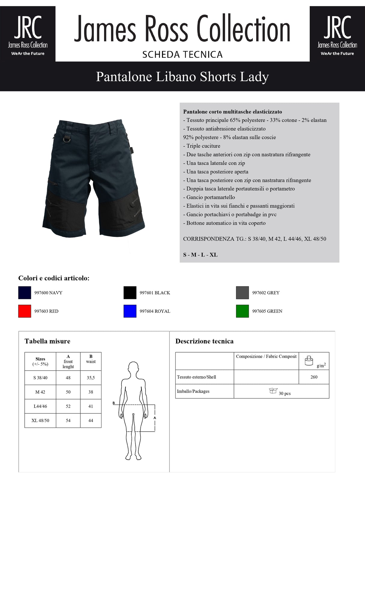 PANTALONE DA LAVORO MULTITASCHE ELASTICIZZATO JRC LIBANO SHORTS LADY DONNA