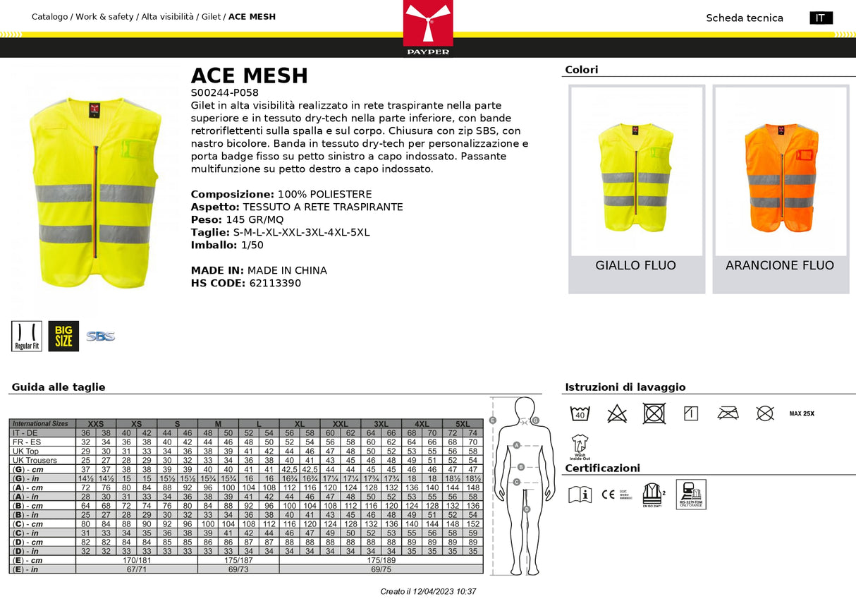 GILET ALTA' VISIBILITA' DA LAVORO TRASPIRANTE PAYPER ACE MESH UOMO