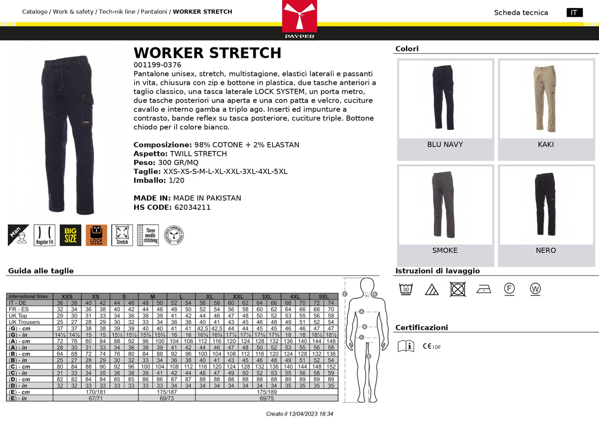 PANTALONE DA LAVORO MULTITASCHE ELASTICIZZATO PAYPER WORKER STRETCH UNISEX