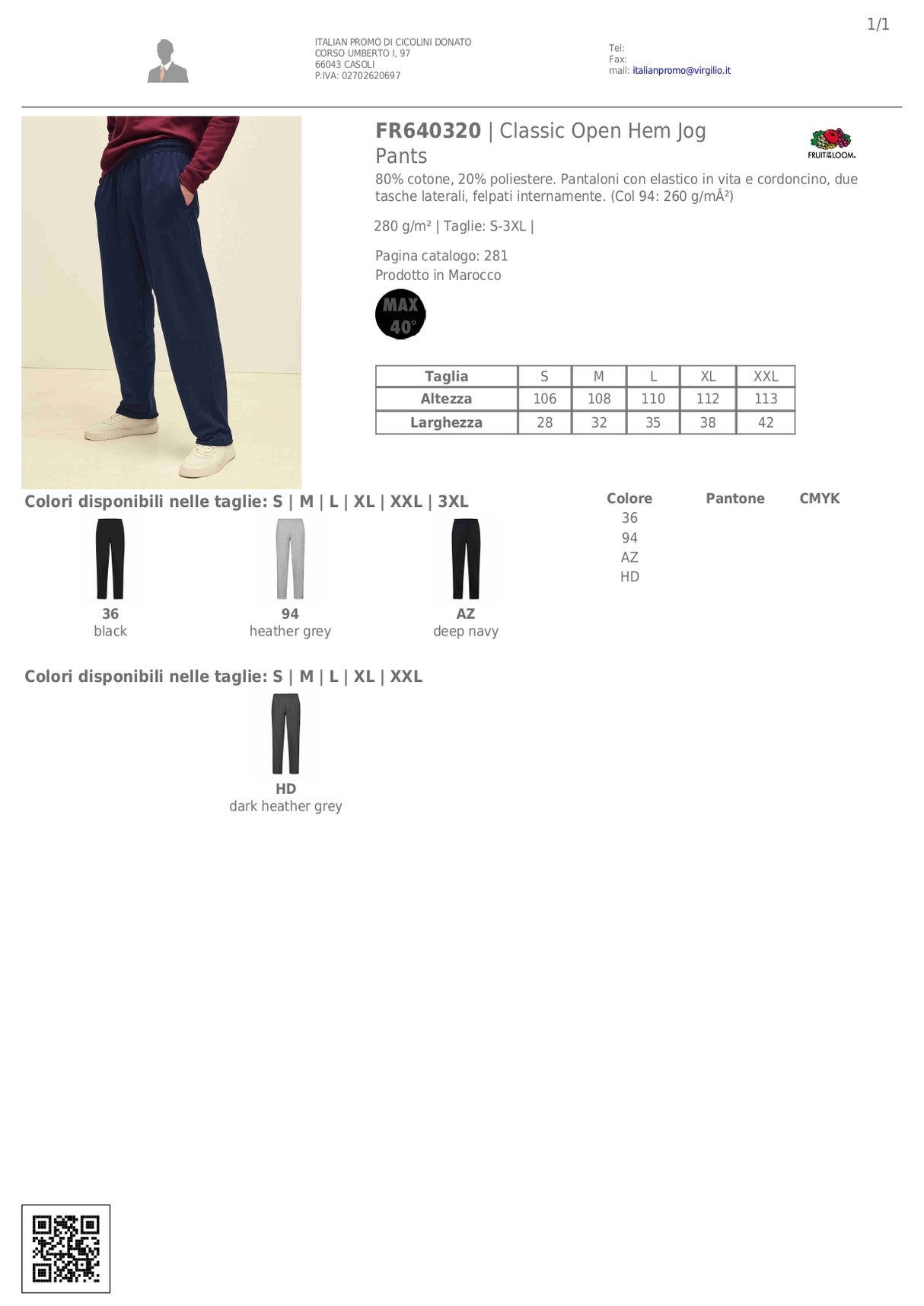 PANTALONE TUTA FRUIT OF THE LOOM OPEN HEM JOG PANTS UOMO